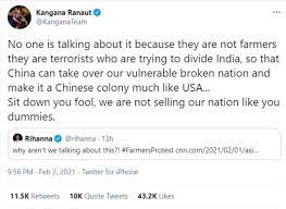 Leading bollywood actress kangana ranaut (pictured) has accused twitter of racism after her account was permanently suspended for abusive behaviour on tuesday. Kangana Ranaut Rages Over Rihanna Over Farmers Protest Tweet They Are Terrorists Sit Down