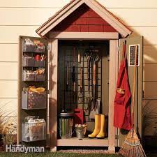 Schoolhouse storage shed plan from the family handyman; Garden Closet Storage Project Storage Shed Plans Shed Storage Garden Tool Storage