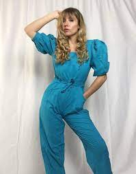 Vintage Pali Fashion Adorable Blue Jumpsuit One Piece Romper Puffy Sleeves Belted Classic Sailor Retro Blue Jumpsuits Fashion Jumpsuit