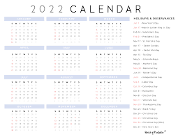 2022 calendar with holidays world of printables