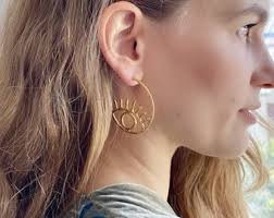 Eye Hoop Earrings 24K Matte Gold Plated Hammered Evil Eye Loops Amulet  Turkish Hand Made Jewelry KP273