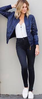 Fall Trending Outfits Navy Bomber Jacket Black And White White Bomber Jacket Outfit Bomber Jacket Outfit White Bomber Jacket