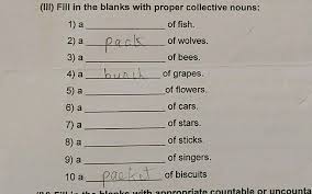 A key point about collective nouns collective nouns can be treated as singular or plural. Hun Iii Fill In The Blanks With Proper Collective Nouns Of Fish 2 A Pack Of Wolves 3 A Of Bees 4 A Bunch Of Grapes Of Flowers 6 A Of Cars