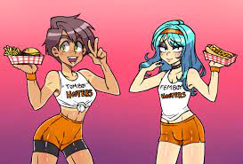 1boy 1girls beta's inferno bike shorts bisexual black fingernails  blue hair blush booty shorts both sexes in same situation brown hair bulge  burger choker collar crop top eyebrows eyebrows