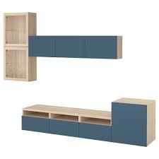 Besta Tv Komb Mit Vitrinenturen Eicheneff Wlas Valviken Dunkelblau Tv Hifi Mobel Ikea Vitrine