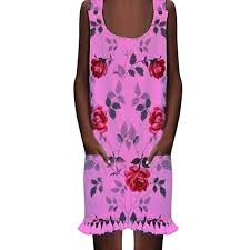 Vowua Women Dresse Summer Casual Sexy O Neck Pockets Print