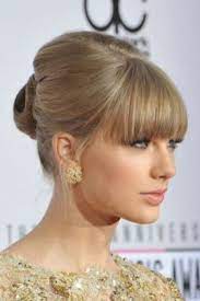 Taylor Swift Honey Blonde Wedding Maid Of Honor Updo With Full Bangs For Long Hair Bangs Updo Taylor Swift Updo Hairstyles With Bangs
