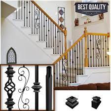 White railing with black spindles wood stairs with white risers. Premium Iron Balusters Iron Spindles Metal Stair Parts Etsy