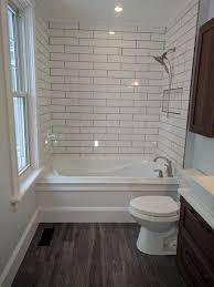 Transitional Style Bathroom Remodel With 4 X16 Subway Tile Drop In Tub With Custom W Minimalist Small Bathrooms Modern Small Bathrooms Small Bathroom Remodel