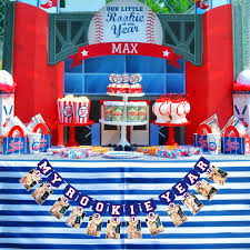 You could decorate with toys like alphabet blocks, trains, teddy bears, etc. Buy Baseball 1st Birthday Monthly Photo Banner Baseball Theme First Year Photo Banner My Rookie Year Banner For First Birthday Party Decorations Baby Shower Supplies Online In Vietnam B07pqgtks3