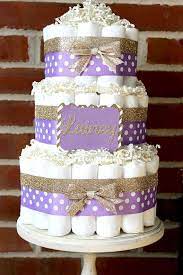 3 Tier Lavender And Champagne Gold Diaper Cake Elegant Baby Girl Baby Shower Baby Shower Purple Purple Baby Shower Decorations Girl Baby Shower Centerpieces