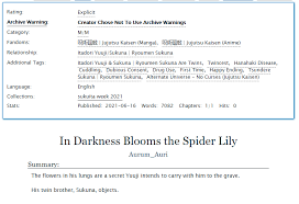 Check spelling or type a new query. Auri Coms Closed On Twitter In Darkness Blooms The Spider Lily A Sukuita Jjk Fic Written For Day Two Of Sukuitaweek2021 Prompts First Time Cuddling Hanahaki Disease Drugs Link Is In