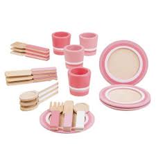 Set de patisseries dans une boite en bois pour jouer a la dinette. Dinette En Bois Peint 4 Couverts Aux Couleurs Rose Bigjigs Pour 3 Ans