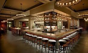 Beige And Grey Color Scheme Modern Restaurant Bar With Large Square Shaped Bar Table Furniture Restaurant Interior Design Home Bar Designs Bar Interior Design