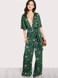Half Sleeve Green Floral Jumpsuit Floral Jumpsuit Jumpsuits For Women Palazzo Jumpsuit