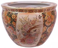 Chinese Porcelain Fish Bowl Planters Glazed Satsuma Pheasant Design Fish Bowl Chinese Porcelain Large Flower Pots