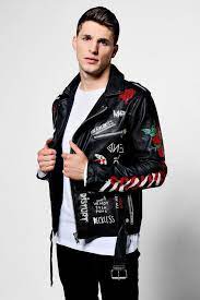 Boohoo Black Faux Leather Graffiti Print Biker Jacket Leather Jacket Outfit Men Leather Jacket Men Leather Jackets Women