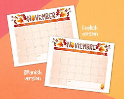 Printable November 2020 Calendar Monthly Calendar Autumn Leaves Thanksgiving Month Calendar Spanish And English Version Instant Download In 2020 Monthly Calendar Etsy Etsy Store