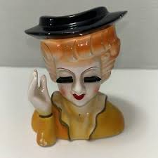 Rare Vintage Original Dee Bee Co. Lady Head Vase Black Hat