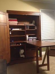 Burrows cabinets' loft study desks with built in bookshelves and storage cabinets in bone white. Inside Of Sewing Cabinet After Adding Shelves And Replaced Fold Out Table Diy Sewing Table Sewing Furniture Craft Armoire