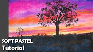 Abstract watercolor oil painting, alone tree silhouette and birds on lake beach, warm pastel sunset colors. How To Paint Sunset With Soft Pastels Youtube