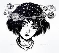 Portriat Of Cute Girl Face With Head Spin Halo Of Planets And Stars Manga Style Space Sci Fi Tattoo Art Isola Galaxy Drawings Halo Drawings Planet Drawing
