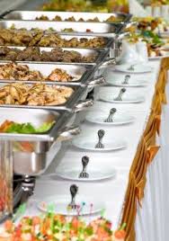 Photo Of Buffet Table Set Up With Chaffing Dishes Plates And Cutlery Table Linen And Table Decoration Wedding Buffet Food Reception Food Buffet Food
