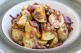 Roasted Potato Salad With Bacon Caramelized Onions And Vinaigrette Potatoe Salad Recipe Warm Potato Salads Bacon Potato Salad