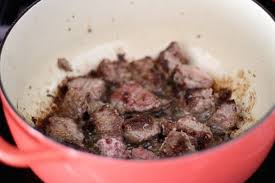 Beef Cubes Cooking Searing In Dutch Oven Pot Homemade Beef Stroganoff Beef Mushroom Stroganoff Potted Beef Recipe Homemade Beef Stroganoff