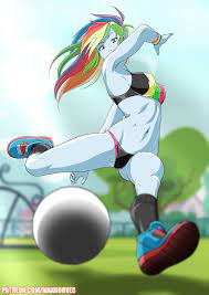 2283677 - suggestive, alternate version, artist:rambon7, rainbow dash,  equestria girls, armpits, belly button, breasts, clothes, female, fit,  football, midriff, patreon, solo, sports, sports bra, sports panties,  swimsuit, underwear, workout outfit ...