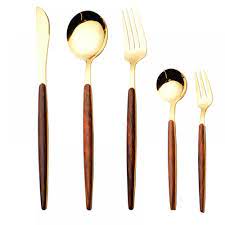 Wooden Handle Stainless Steel Dinnerware Gold-Plateing Western Food Fork  Spoon Knife Tableware - Walmart.com