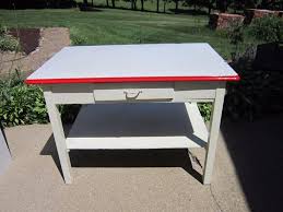Porcelain Enamel Top Farm Work Kitchen Pastry Baking Table White Red Antique Table Table Vintage Table