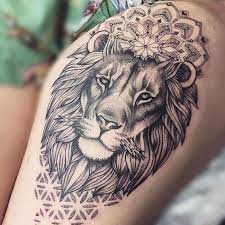 Lion Head Surrounded By Mandala Flowers Lion Shoulder Tattoo Thigh Tattoo Lion Tattoo On Thigh Lion Tattoo Lion Shoulder Tattoo