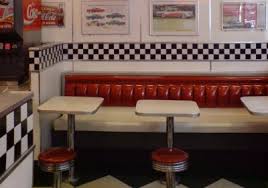 Restaurant diner interior 1950's mid century modern décor postcard copy. Trending Retro Diner Decor Ideas