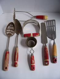 vintage red handle kitchen utensils