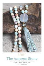 Matte Amazonite Mala Beaded Necklace White Agate Pendant Rainbow Handmade Tassel Unique Gift For Aries Mala Bead Necklace Beaded Necklace Agate Pendant
