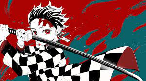 Drawing artwork fall leaves sunlight forest red anime. Demon Slayer Tanjirou Kamado Wearing Black And White Checked Dress With Red Eyes Having Sword With Background Of Red And Green 4k 8k Hd Anime Wallpapers Hd Wallpapers Id 40103