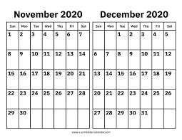 November And December 2020 Calendar Printable Calendar 2020