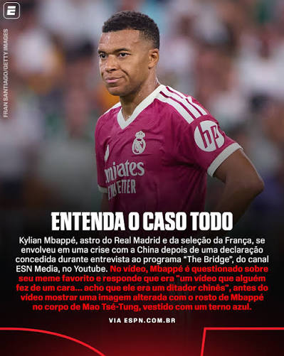 MBAPP&Eacute; EM CRISE COM A CHINA AP&Oacute;S DECLARA&Ccedil;&Atilde;O POL&Ecirc;MICA EM PROGRAMA 🚨 🇨🇳 Kylian Mbapp&eacute;, astro do Real Madrid e da sele&ccedil;&atilde;o da Fran&ccedil;a, se envolveu em uma crise com a China