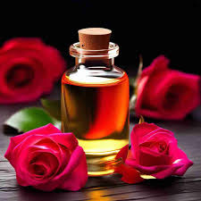 A glass bottle of oil surrounded by vibrant red roses.