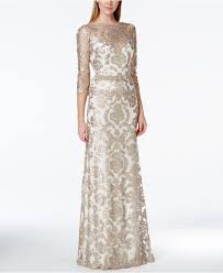 Tadashi Shoji Damask Sequin Lace Bow Gown Dresses Women Macy S White Lace Gown Macys Dresses Formal Lace Evening Gowns