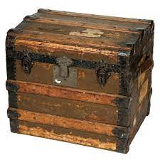 Small 1800s Wood And Metal Trunk With Paper Labels Metal Trunks Wood And Metal Antique Refinishing