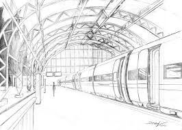 The Arches In The Ceiling And On The Train Give This Drawing A Less Mechanical Feel Perspective Drawing Architecture Perspective Art Perspective Drawing