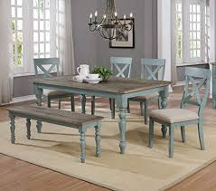 Roundhill Furniture Prato 6 Piece Table Set With Cross Back Chairs And Dining Bench Blue Farmhouse Goals