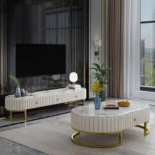 Modern Oval 79 Faux Marble Coffee Table Tv Stand Gold Living Room Tv Stand