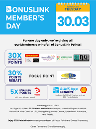 Cardholders of ambank bonuslink visa credit card get to enjoy 10 times bonuslink points at participating bonuslink partners such as shell and parkson; Promotions Bonuslink