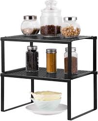 White polymer kidney 2 it extends to fit any cabinet space while adjustable dividers keep heavy items vertical and visible. Kitchen Cabinet And Counter Shelf Organizer Expandable Stackable Black Walmart Com Walmart Com