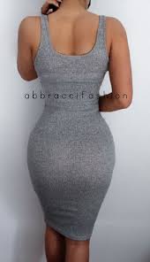 Gray Tank Top Bodycon Dress Stretchy Knee Length Sleeveless Elbise Orgu