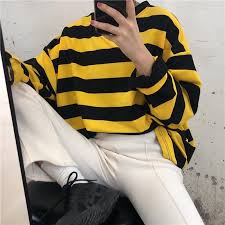 Black And Yellow Striped Long Sleeve Shirt Yellow Black Contrast Stripes Loose Long Sleeve Shirt Black Striped Shirt Outfit Loose Shirt Outfit Aesthetic Shirts