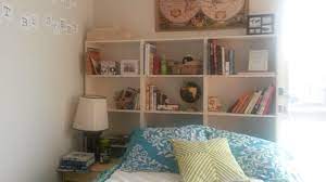 Headboard of floating shelves from bhg provide plenty of modern storage for pictures and small treasures. My Ikea Hack Making A Budget Bookshelf Headboard 1 2 3 My First Apartment